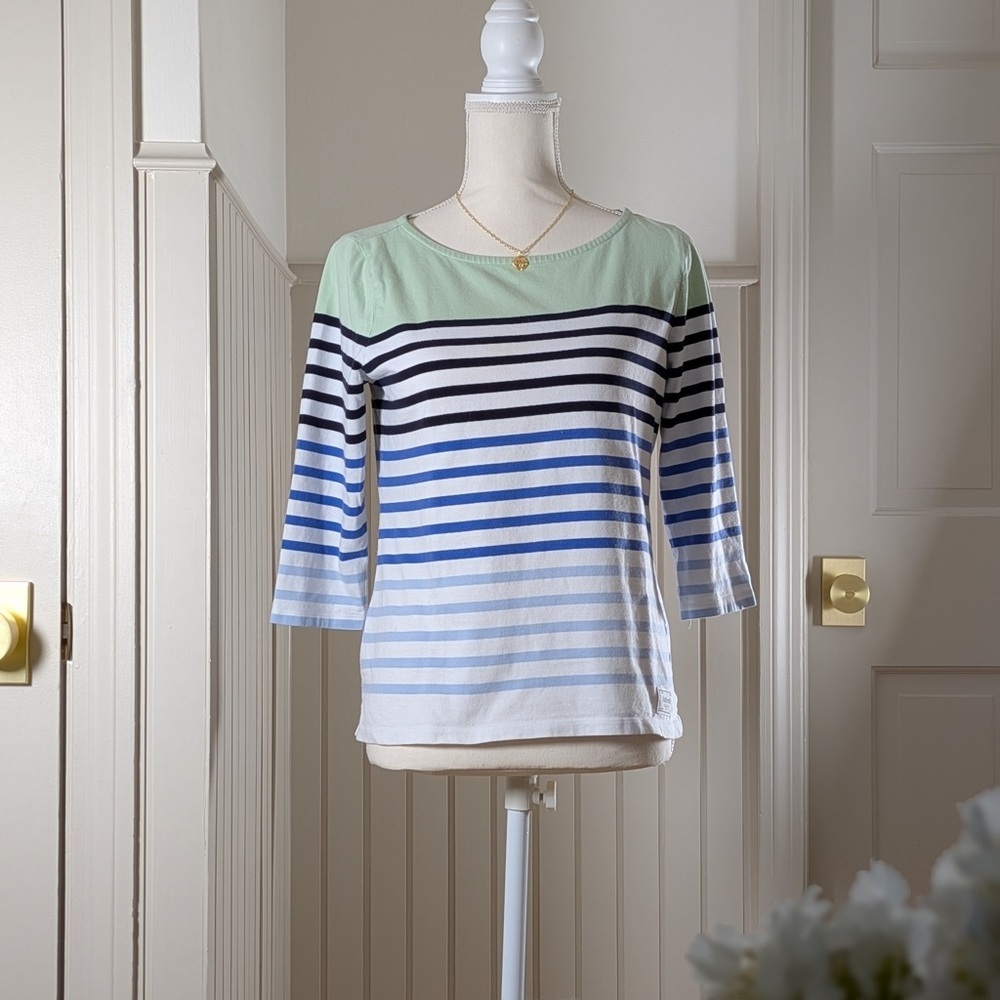 Talbots Petite MP Green Blue Striped Boatneck 3/4 Sleeve Top